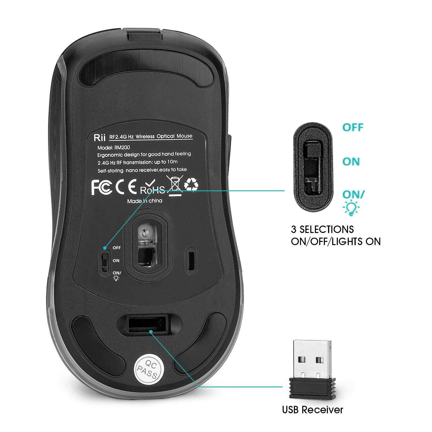 Rii RM200 Wireless Mouse,2.4G Wireless Mouse 5 Buttons Rechargeable Mobile Optical Mouse with USB Nano Receiver,3 Adjustable DPI Levels,Colorful LED Lights for Notebook,PC,Computer-Black