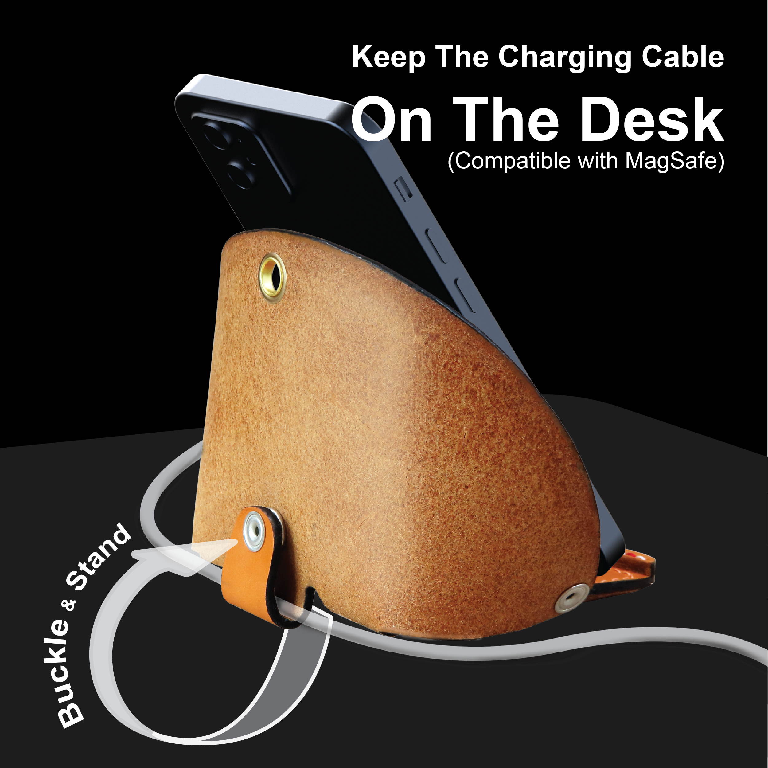 VogDUO- Genuine Leather Stand, MagSafe Charger cable-secured design, Foldable, lightweight, multi-angle, Compatible with iPhone 8 to iPhone 12 Pro Max, Google Pixel, Samsung Galaxy