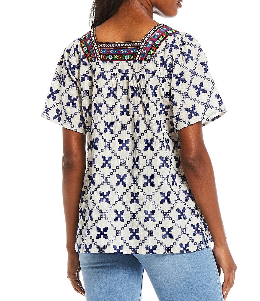 Tru Luxe Jeans Embroidered Square Neck Flutter Sleeve Top
