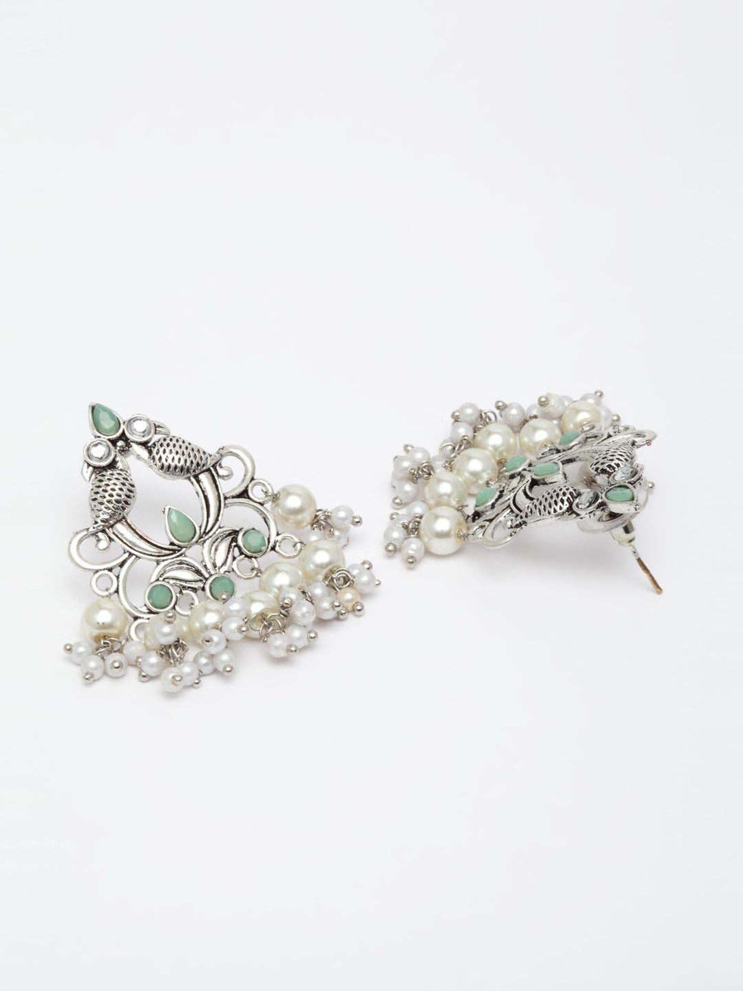 Panash Oxidized Silver-Plated Stone Studded Peacock Shaped Stud Earrings