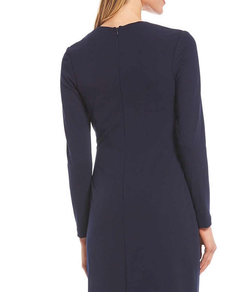 Betsy & Adam Rhinestone Buckle Side Ruched Scuba Crepe Gown