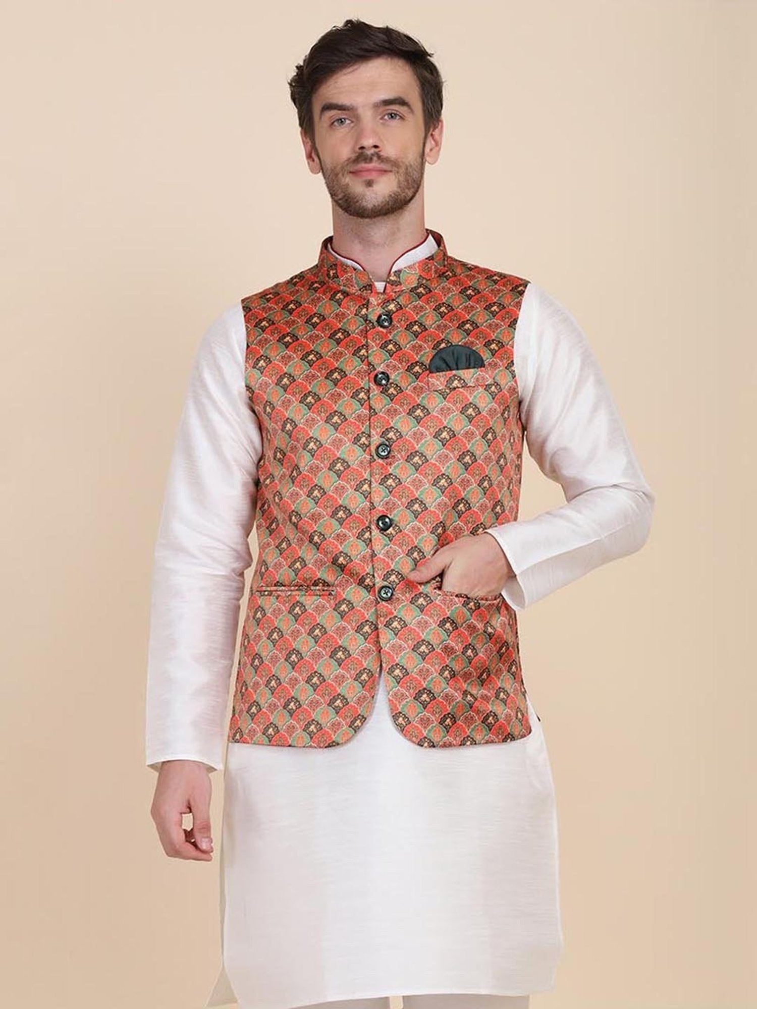 TAHVO Orange Satin Slim Fit Printed Nehru Jacket
