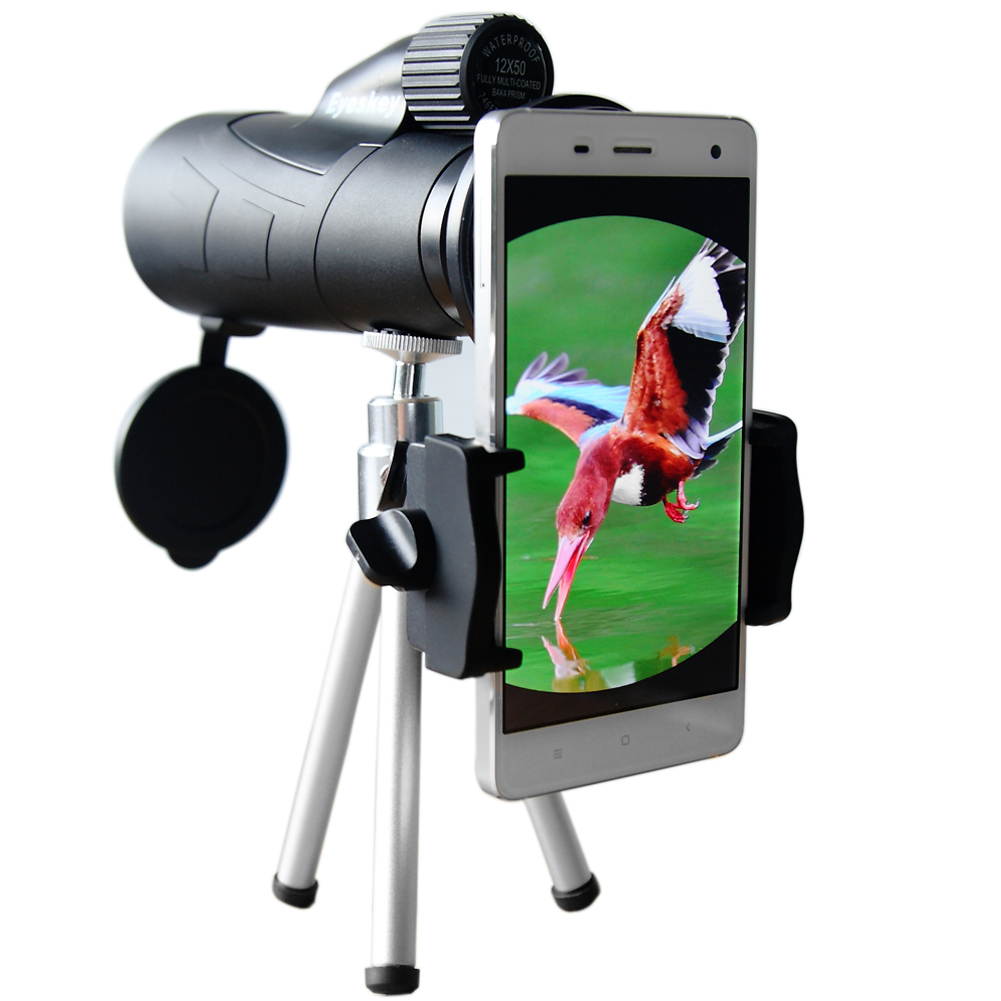 Ueasy Waterproof 12x50 High Powered Monocular Waterproof with Mobile Phone Universal Connector - Fogproof and Dustproof Monocular - Hands Free Design Comes with Stainless Steel Tripod for Steady Viewi