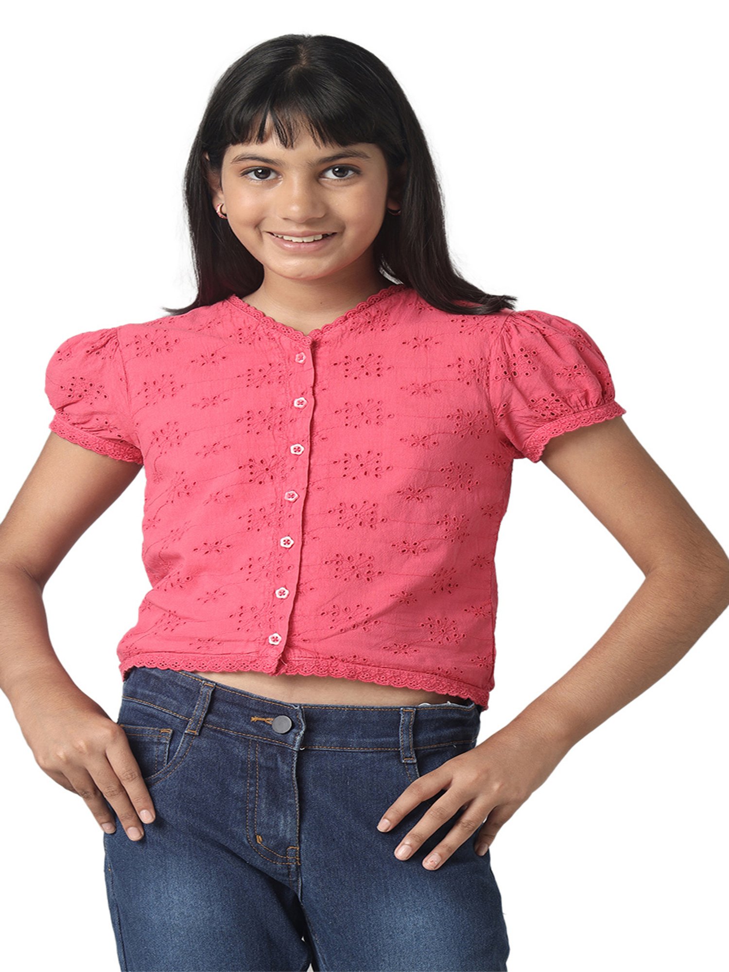 Under Fourteen Only Kids Pink Self Design Crop Top