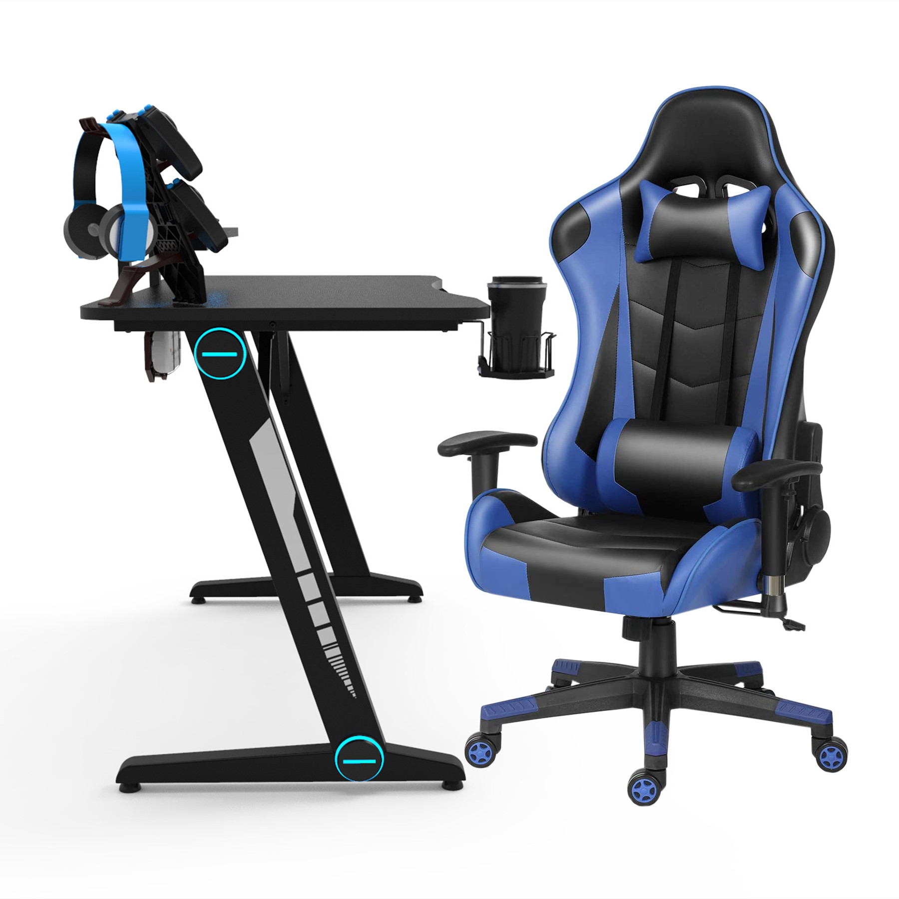 47.2 Inch Z-Shaped Gaming Desk with Ergonomic PU Leather Chair Home Office Desk and Chair Set Gamer Workstation with Monitor Stand Carbon Fiber Surface Gamer Table with RGB Lights and Cup Holder
