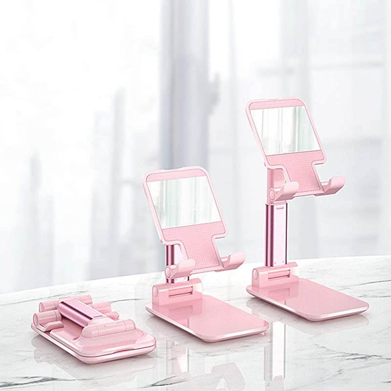Folding Phone Stand with Mirror, Adjustable Phone Holder, Stable, Portable, Compatible Mobile Phones and Tablets