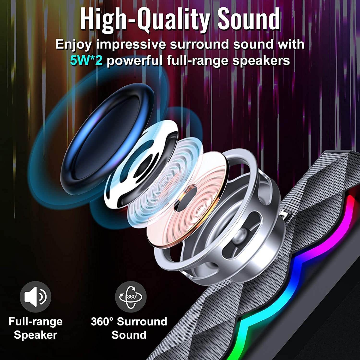 Computer Speakers for Desktop,USB Powered RGB Gaming PC Speakers Bluetooth Wireless & 3.5mm Aux Connection w/ 6 Colorful LED Modes for Mac Laptop Smartphone Tablet Game Console MP3