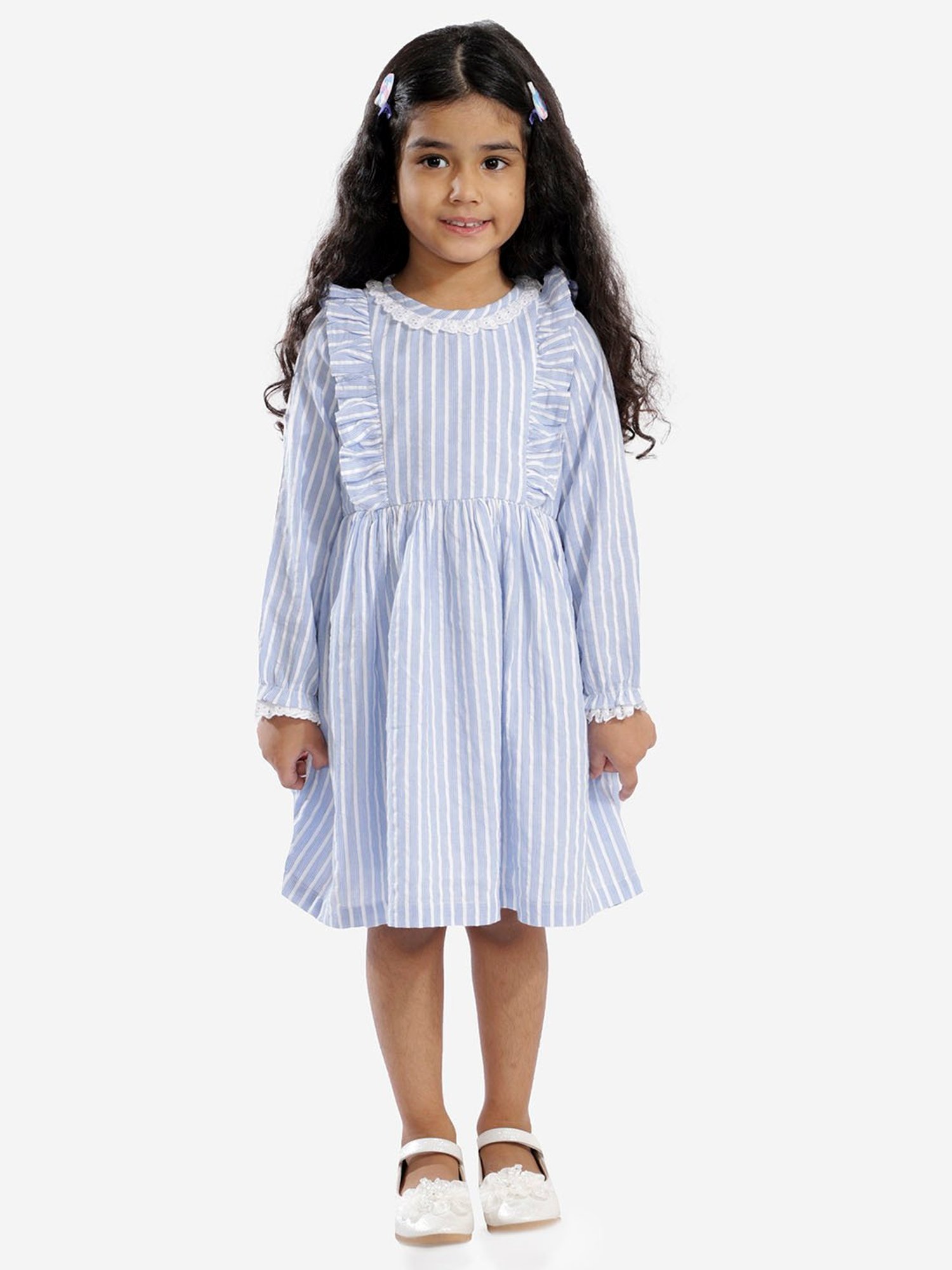 Lil Drama Kids Blue & White Striped Full Sleeves Dress