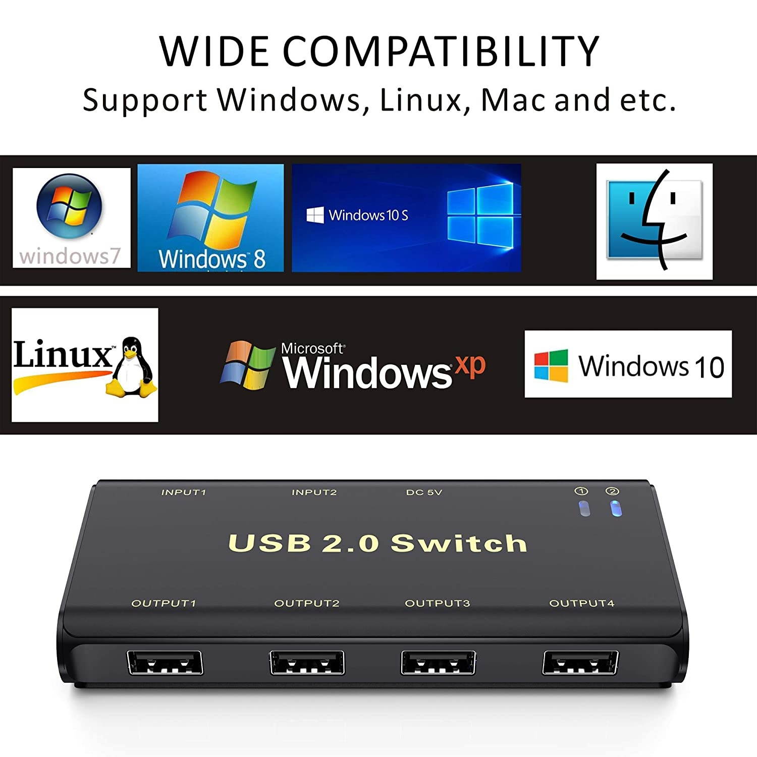 USB Switch SelectorABLEWE KVM Switcher 4-Port USB 2.0 Peripheral Sharing Switch for Mouse Keyboard Scanner Printer with One-Button Switch and 2 Pack USB Cable