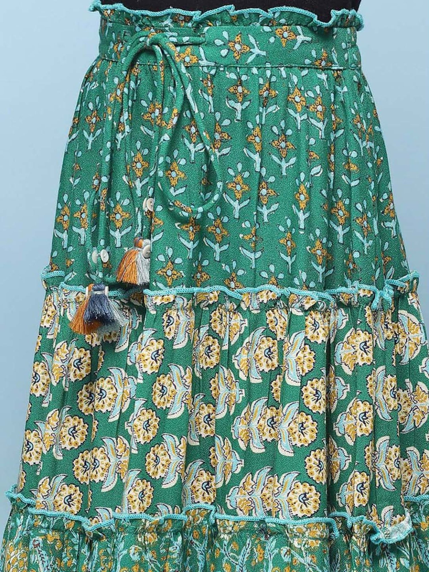 BIBA Girls Kids Green Cotton Printed Skirt