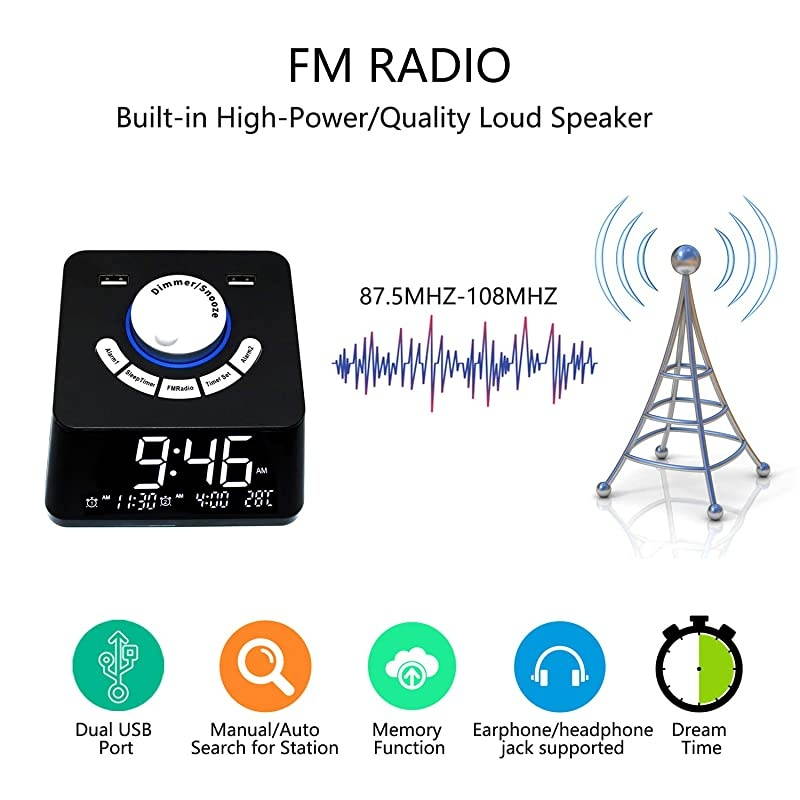 radio alarm clock FM radio Alarm clocks for bedroomsDual alarm clock with 6 alarm clock sounds radio alarm clocks for bedroomsDual USB charging port Bedroom sleep alarm clock al