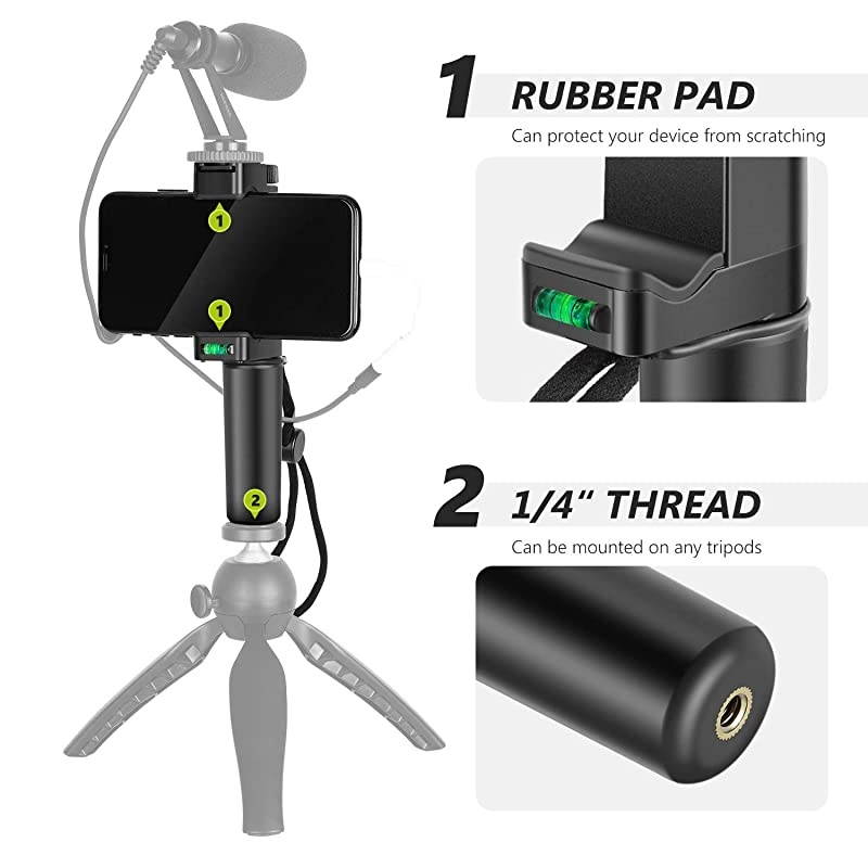 Pro Smartphone Rig Filmmaker Handle Grip(8cm) Tripod Mount with Cold Shoe Mount and Adjustable 2-3.6 inches Phone Clip Holder Compatible with iPhone11/11 Pro/11 Pro Max Samsung Galaxy S10+10