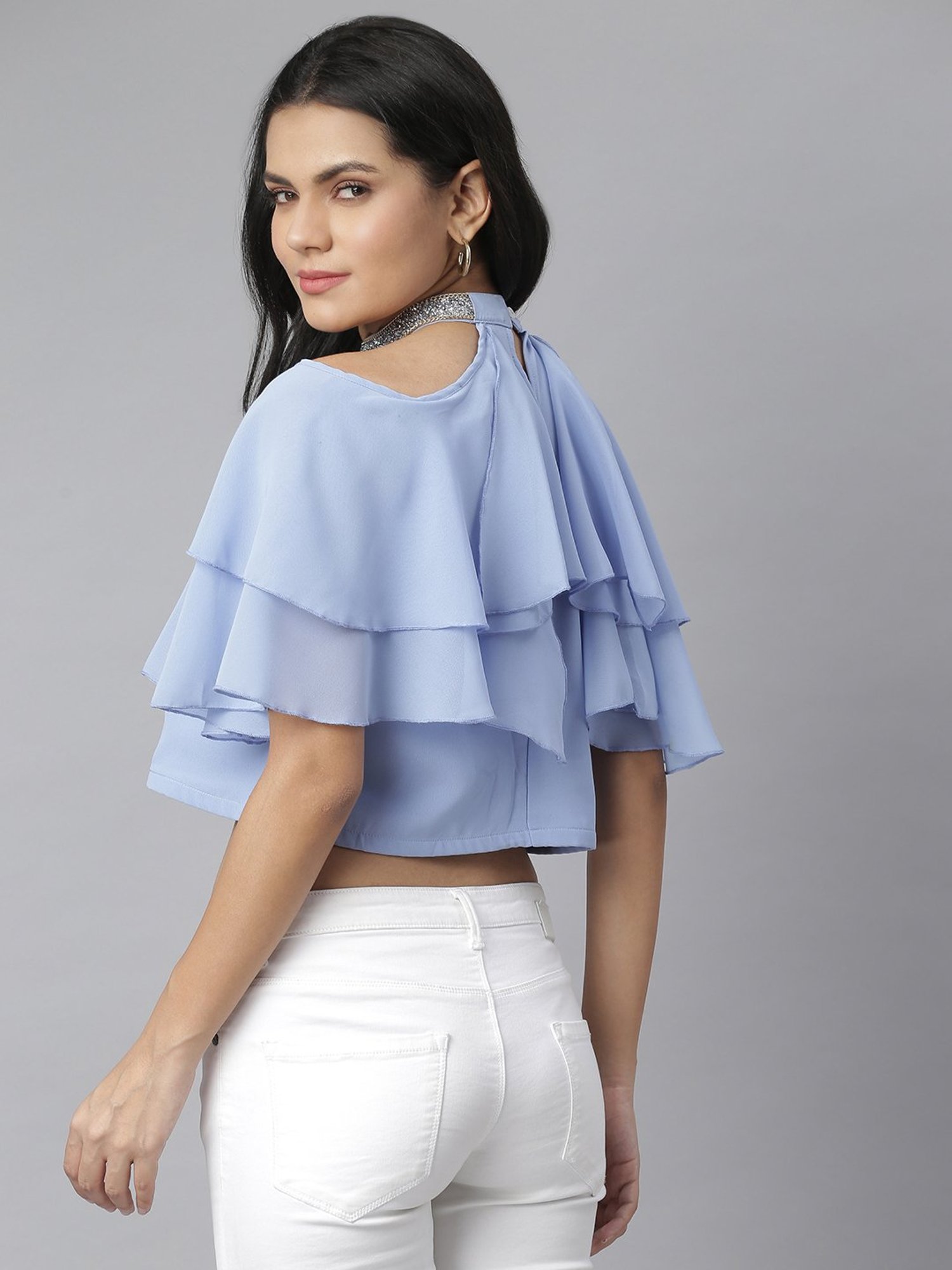 KASSUALLY Blue Embellished Crop Top