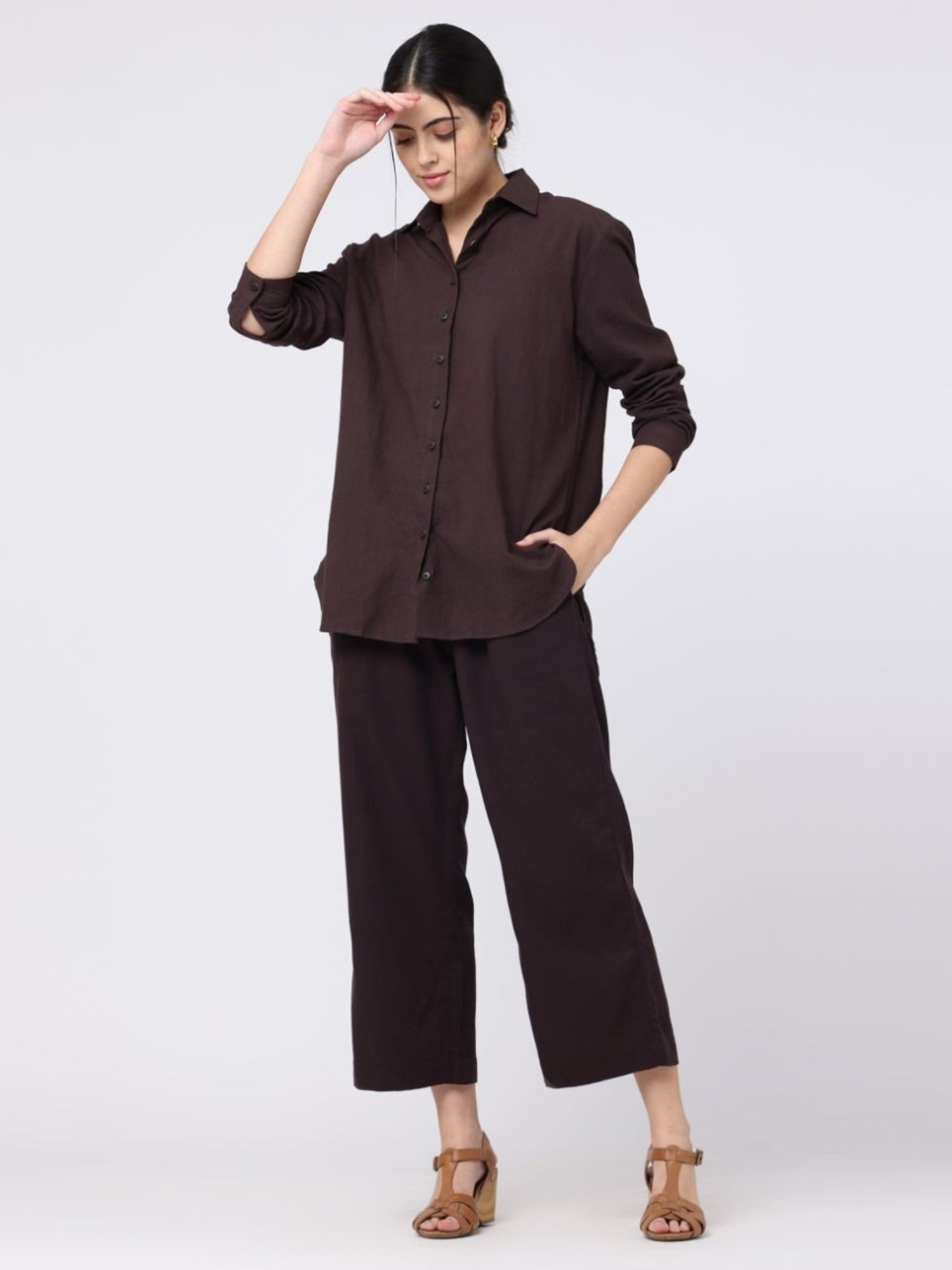 Saltpetre Elegant LInen Coffee Brown Shirt with Wide leg Trousers Co-ord Set