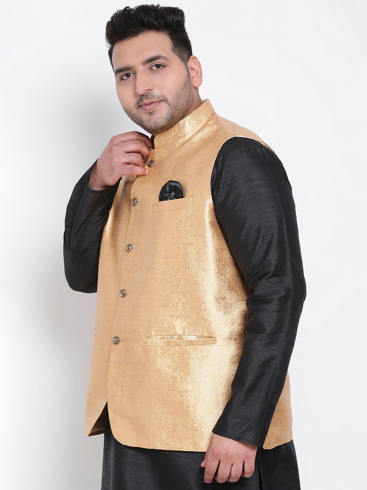 Hangup Plus Gold Regular Fit Jacquard Plus Size Nehru Jacket