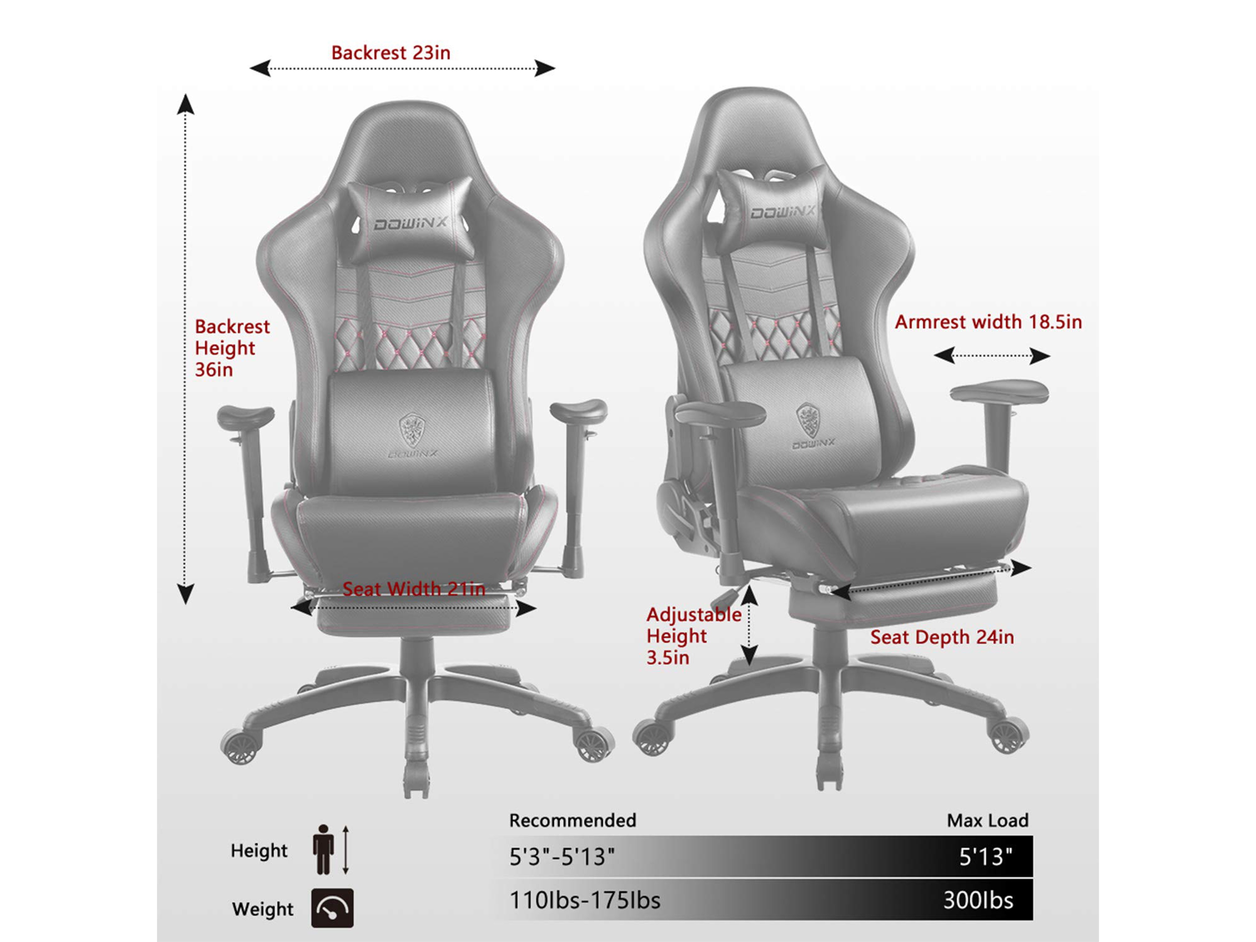 Dowinx Gaming Chair Ergonomic Retro Style Recliner with Massage Lumbar Support Office Armchair for Computer PU Leather with Retractable Footrest Grey