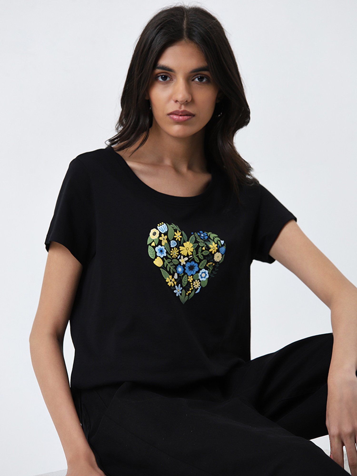 LOV by Westside Black Floral Printed Cotton T-Shirt