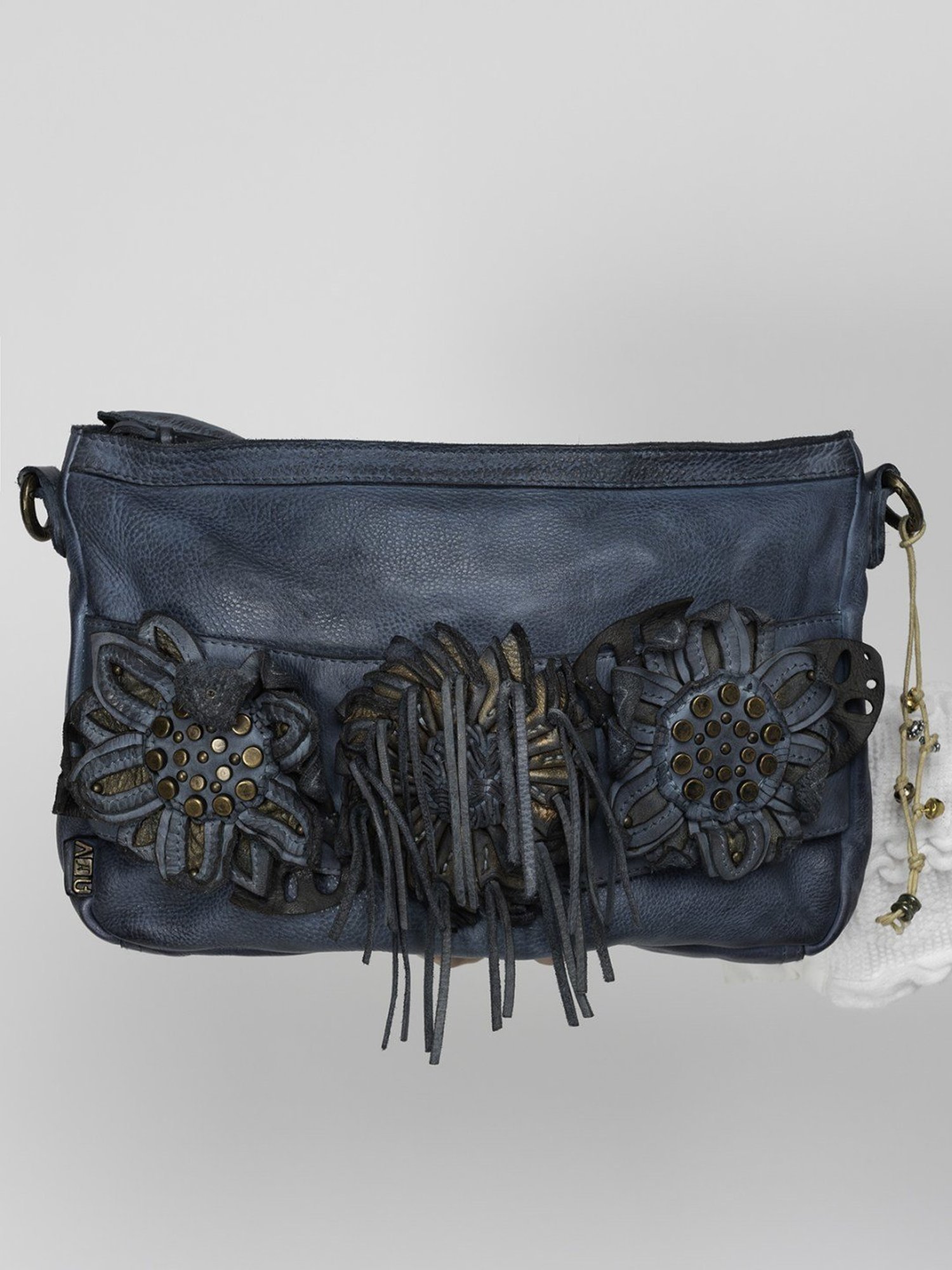 Art N Vintage Fresia Blue Leather Floral Small Sling Handbag