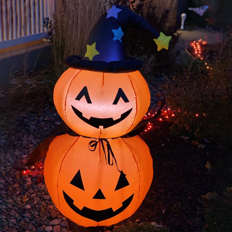 Sunnydaze 4 Foot Self Inflatable Blow Up Jack-O' Lantern Duo with Witch Hat Outdoor Holiday Halloween Lawn Decoration with LED Lights