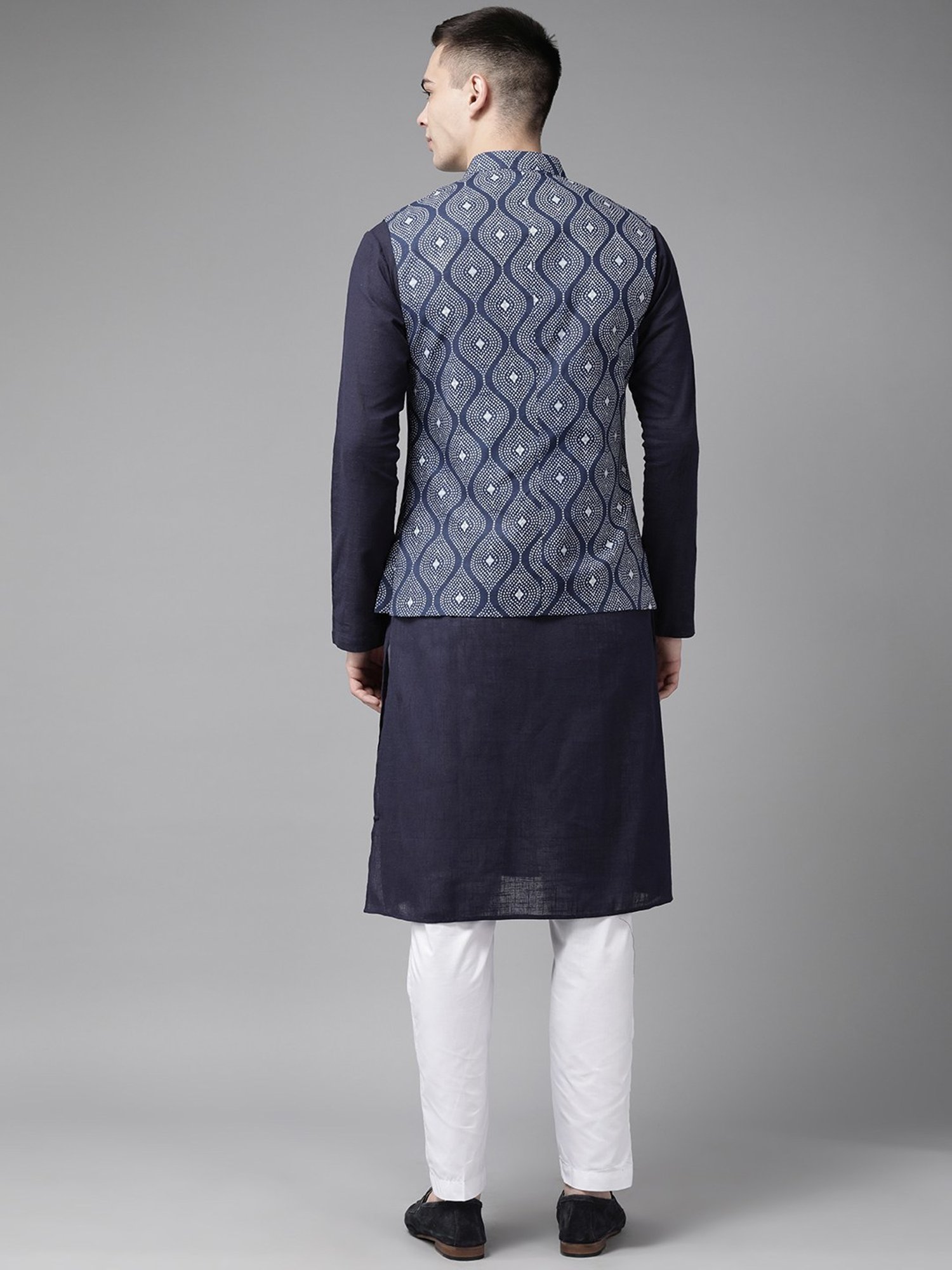 See Designs Blue Cotton Regular Fit Printed Nehru Jacket