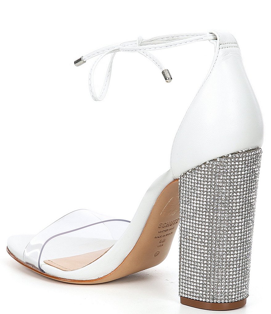 Schutz Anahe Ankle Tie Clear Strap Leather Rhinestone Block Heel Sandals