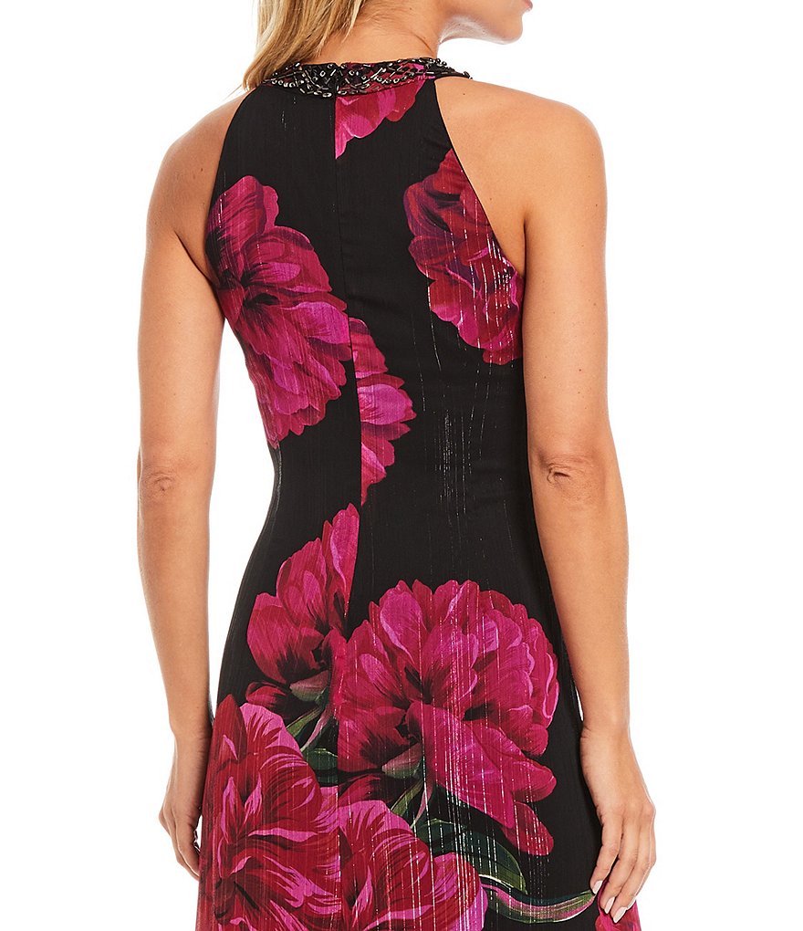 Kay Unger Long Bishop Sleeve V-Neck Crepe A-Line Dress