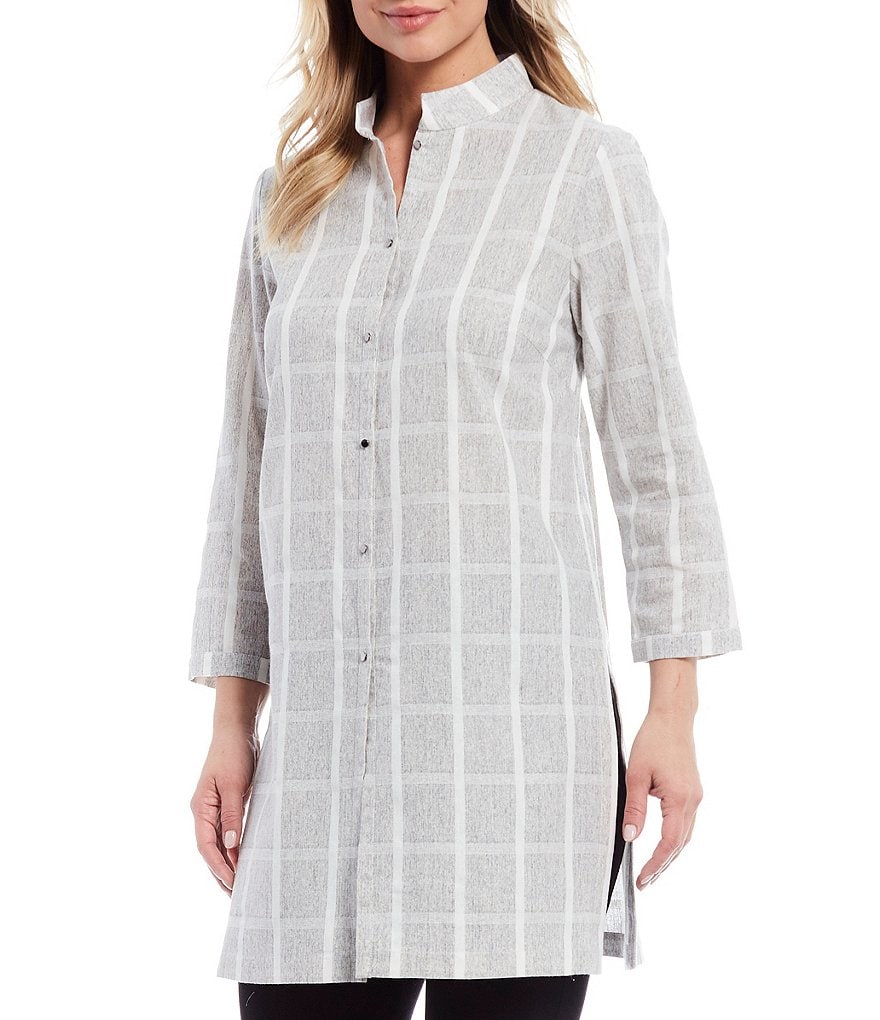 Misook Mandarin Collar Neck Long Sleeve Cotton Window Pane Button Front Top