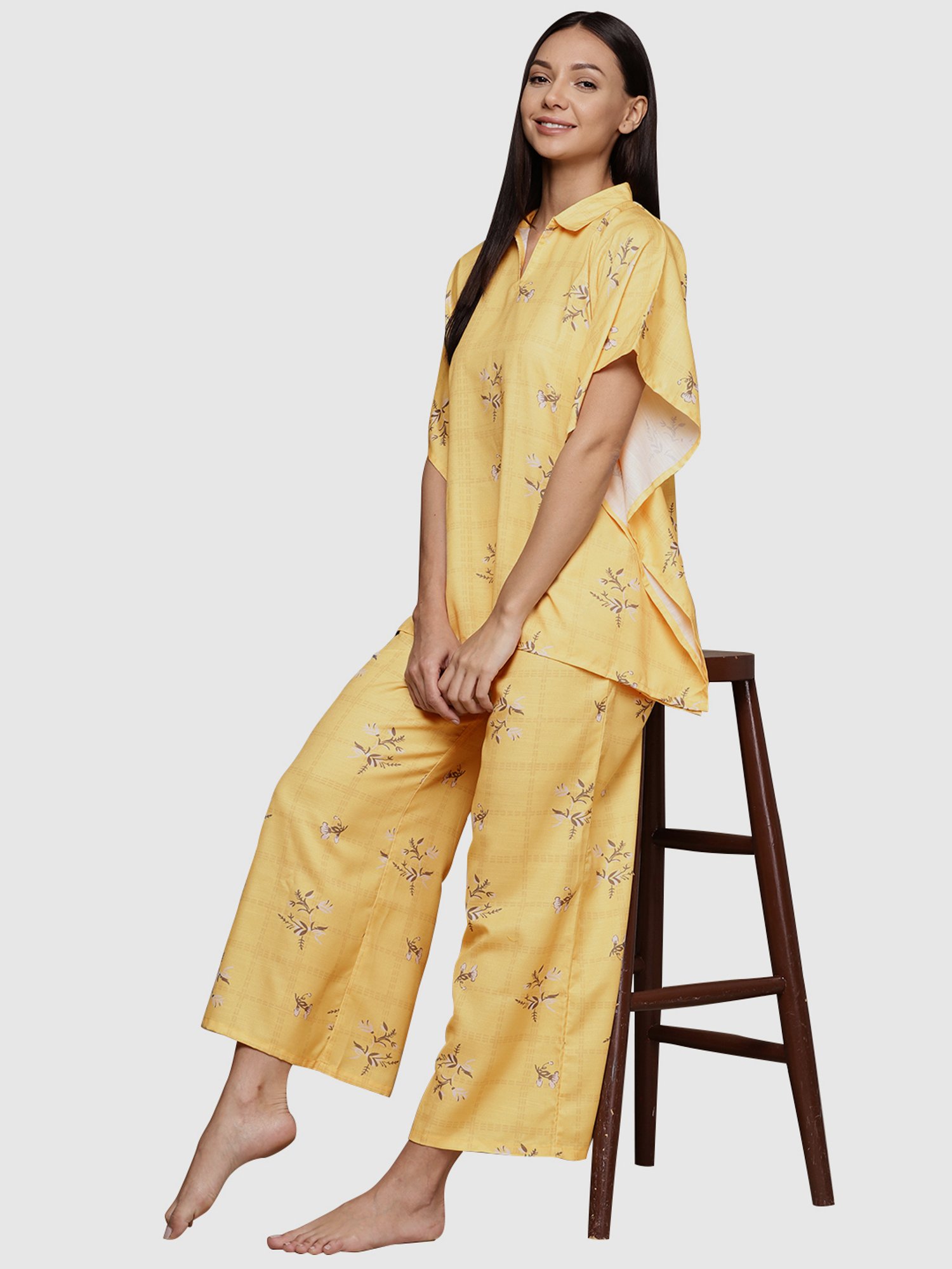 Ziyaa Yellow Floral Print Kaftan Pyjama Set