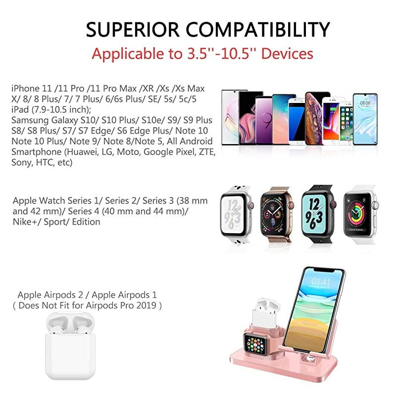3 in 1 Charging Stand for Apple Watch Series 5432 Airpods 21 Compatible with iPhone 12 Pro 2020 11 SE XS MAX XR XS 8 7 6 6 Plus 5s iPad Tablet Stand Original Cable RequiredRose Gold