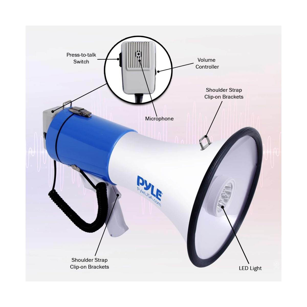 Pyle Portable Compact PA Megaphone Speaker w/ LED Flashlight, Alarm Siren, Adjustable Volume, 50W Handheld Lightweight Bullhorn w/ Detachable Mic, Battery Powered, For Indoor Outdoor Use (PMP51LT)