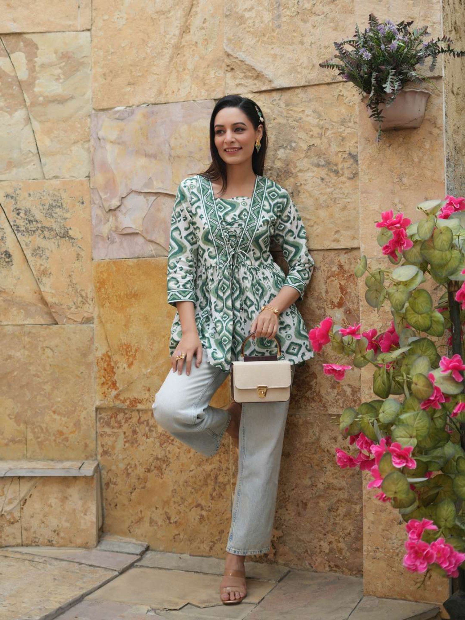 Rain and Rainbow Green Cotton Floral Print Top