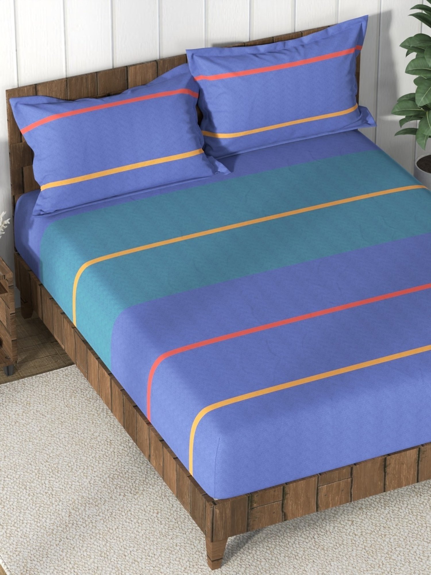Nautica Bristol Stripes Multicolor 150 TC King Bedsheet with 2 Pillow Covers