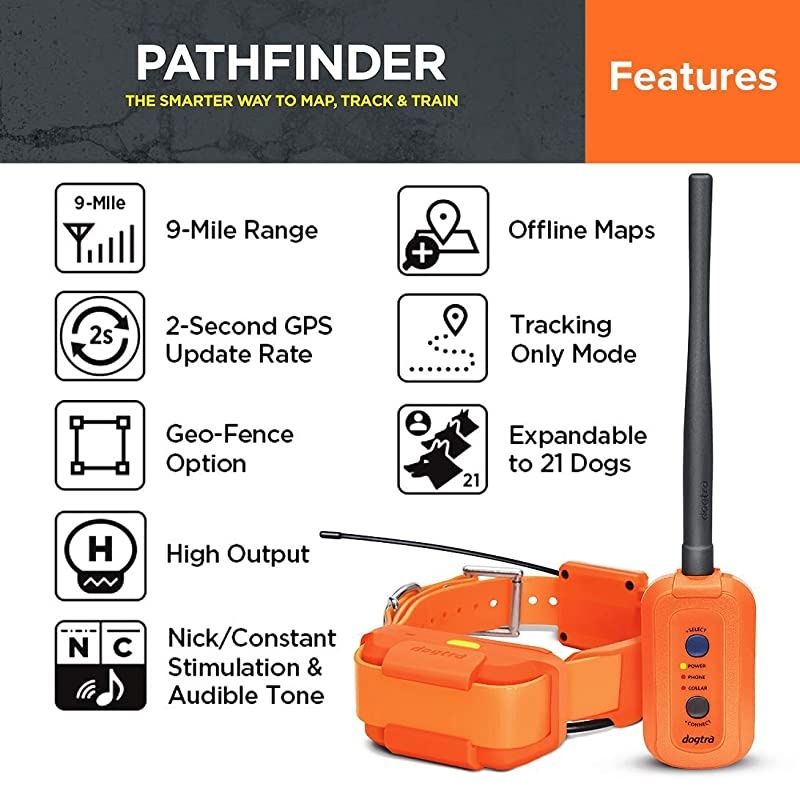 Pathfinder Dog Remote Training and GPS Tracking Collar - 9 Mile Range, Sports Upland Hunting, Waterproof Receiver, Rechargeable, Static, Audible Tone, PetsTEK Trainer Clicker - Orange Edition