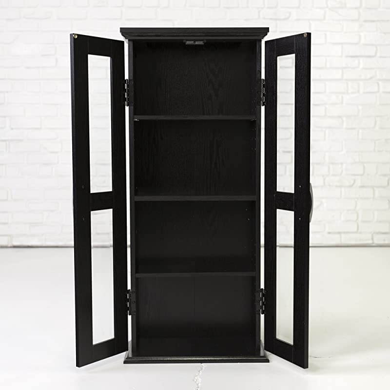 Edison 4 Tier Shelf Living Room Storage Tall Bookshelf Cabinet Doors Home Office Tower Media Organizer 41 Inch Black