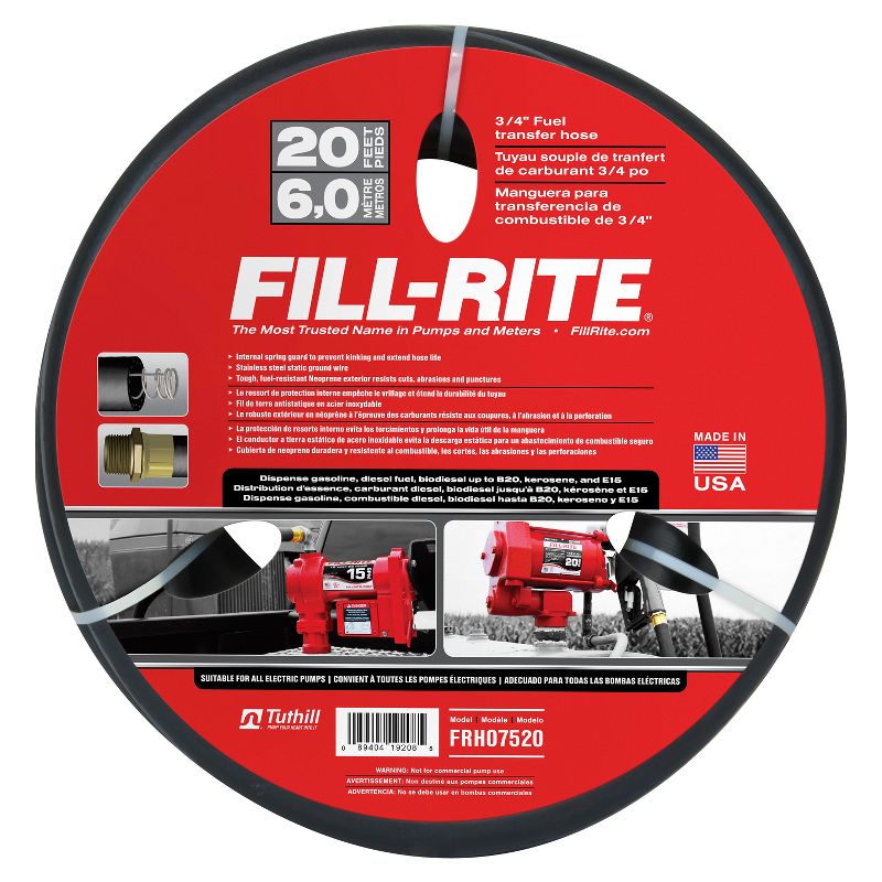 Fill Rite FRH07520 0.75 Inch x 20 Foot Neoprene Gasoline, Diesel, Biodiesel Fuel Pump Transfer Hose with Ground Wire and 1 Inch Male Fittings, Black