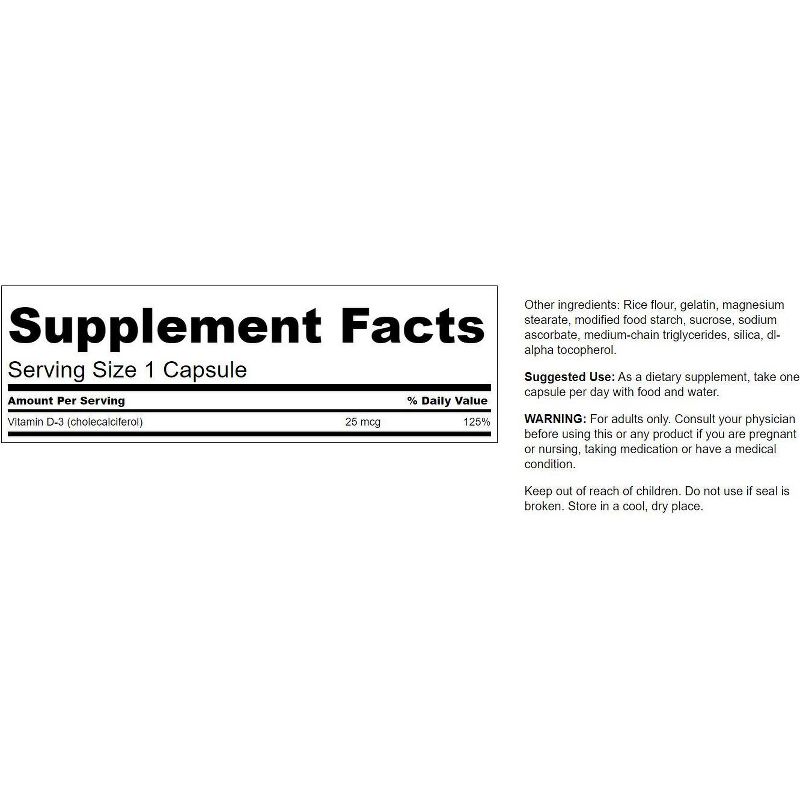 Swanson High Potency Vitamin D3 Capsules, 1,000 IU, 250 Count.