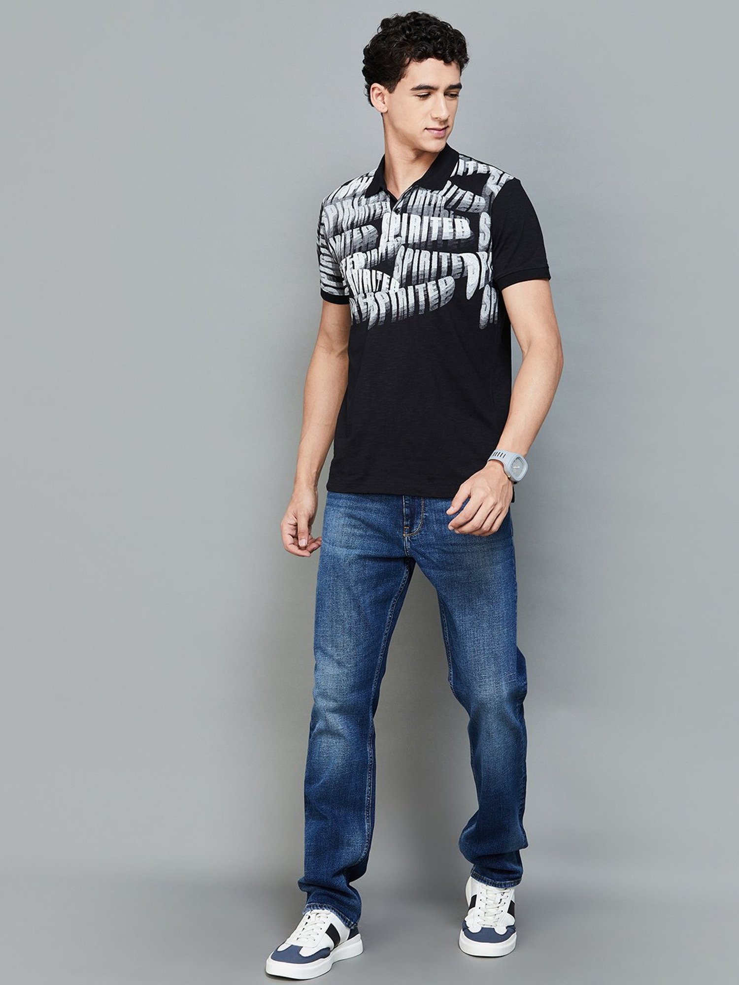 Forca by Lifestyle Black Regular Fit Printed Polo T-Shirt