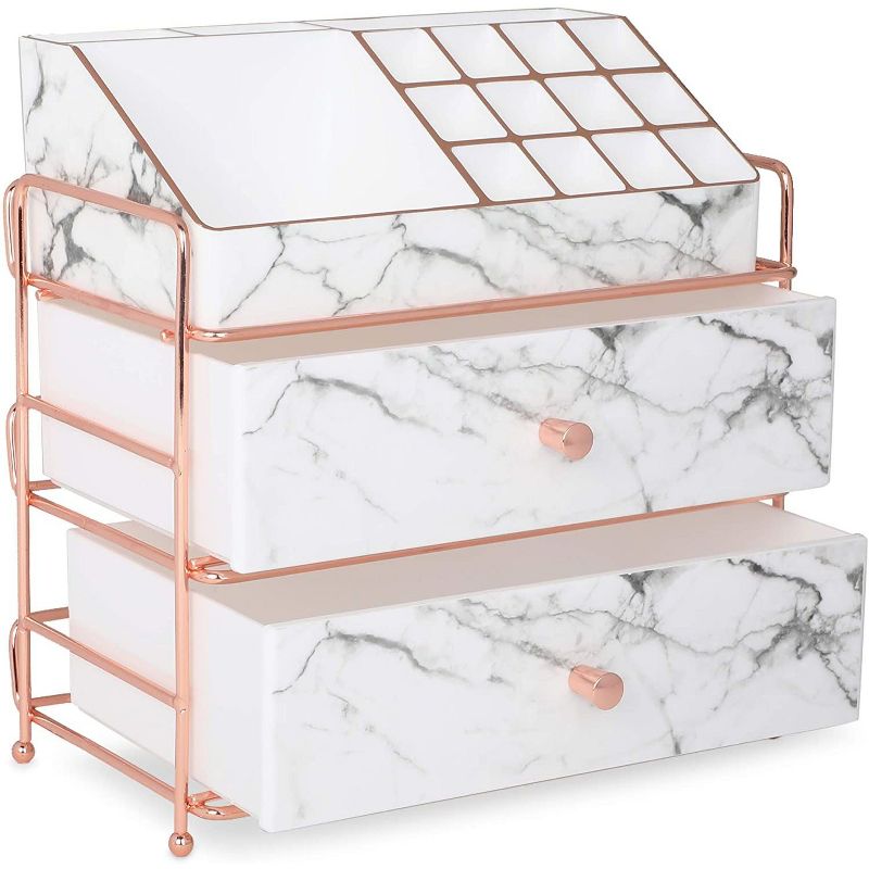 Glamlily White Marble Makeup Storage, Cosmetic Organizer Drawers (9.5 x 9.5 x 5.5 Inches)