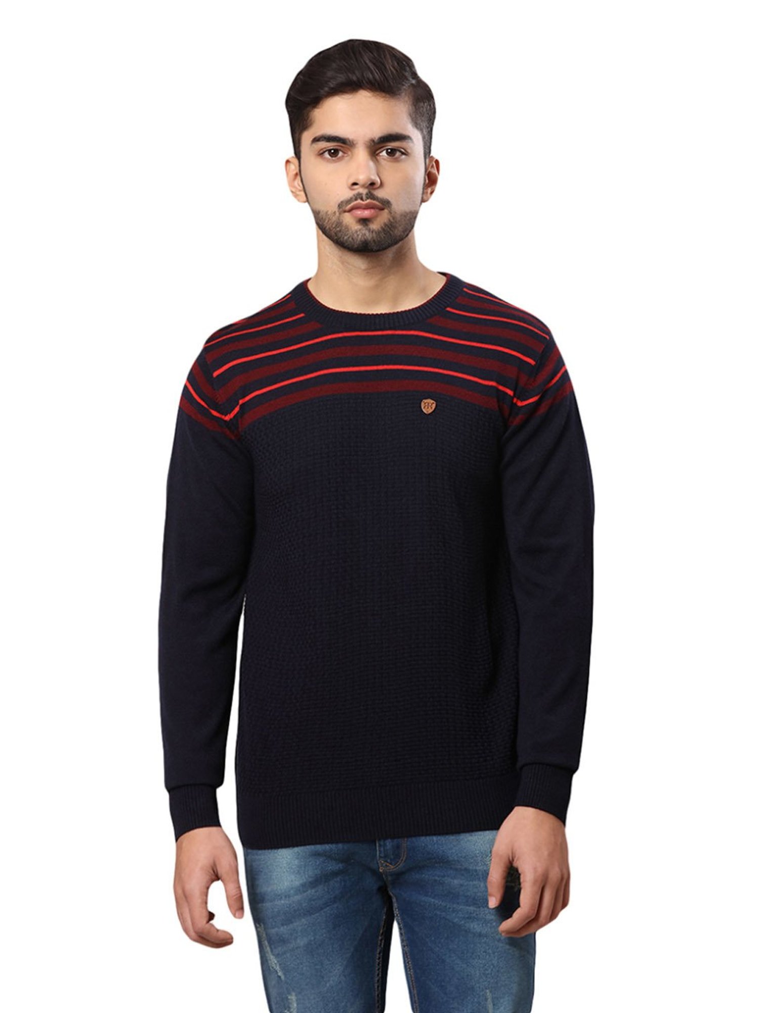 Raymond Black & Red Regular Fit Striped Sweater