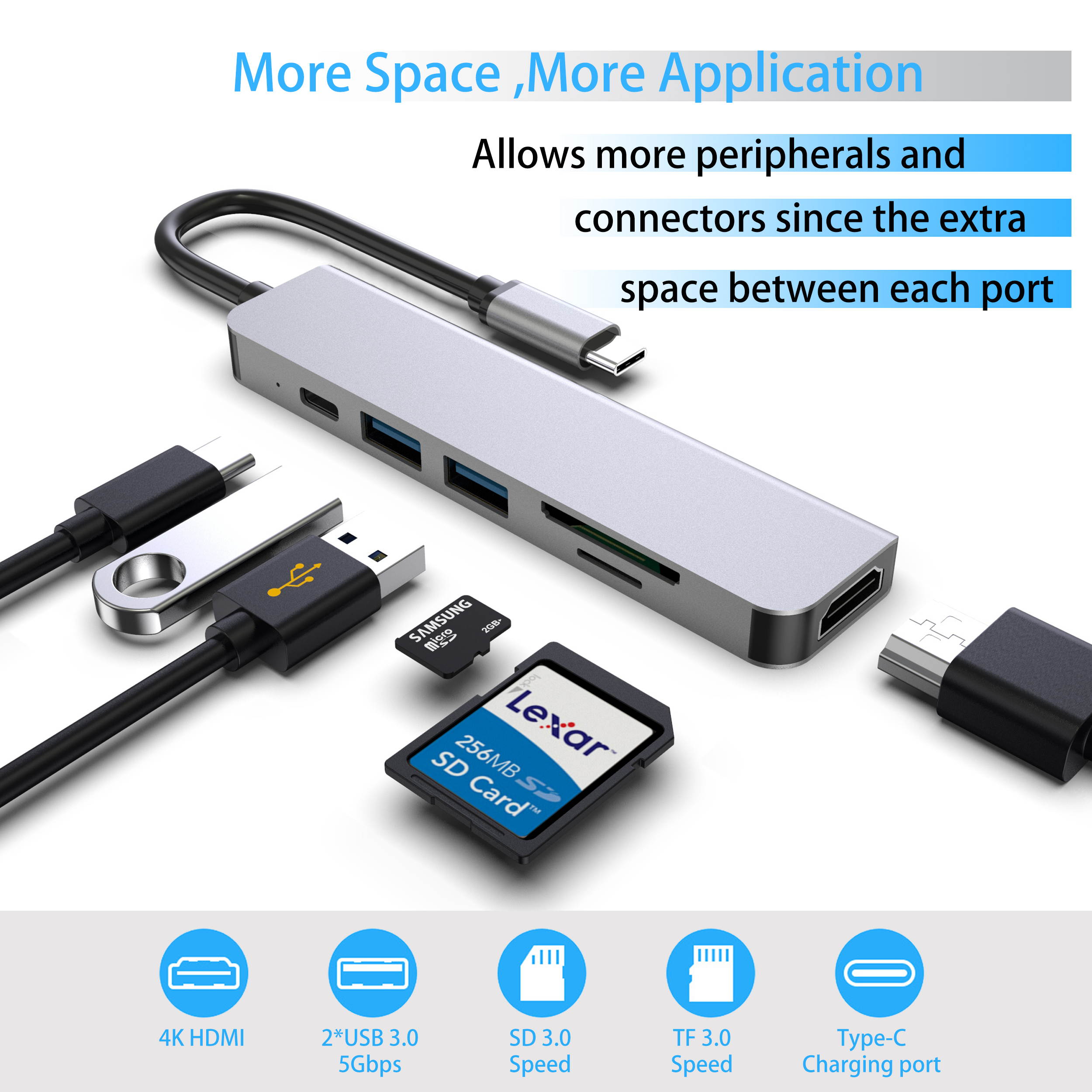 Computer USB converter 4 in 1 hub, HDMI Port Max 4K UHD 3840*2160@30HZ with  3 USB 3.0 Hub Ports up to 5Gbps for data syncing, Suitable for the Mac with TYPE C interface and mouse, card reader,etc.