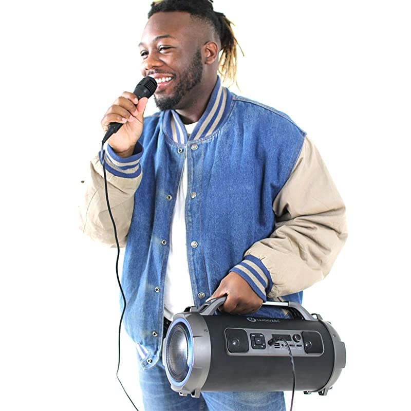 Rockit Pro Wireless Speaker, Indoor Outdoor Wireless Boombox with FM Radio, and Micro SD Card, USB, MIC, and Aux 3.5mm Support, Microphone for Karaoke Machine, Party, LED Lights and Subwoofer