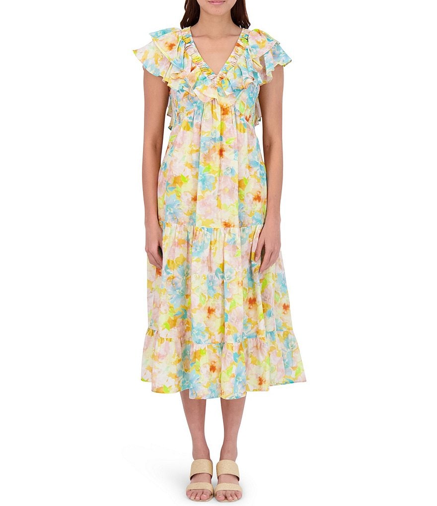 Roller Rabbit Sandria Ondine V-Neck Double Ruffle Cap Sleeve Watercolor Pattern Print Midi Dress