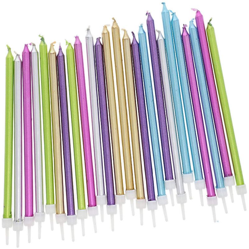 Blue Panda 48-Pack Multicolored Metallic Long Thin Birthday Cake Candles 5-Inch with Holders