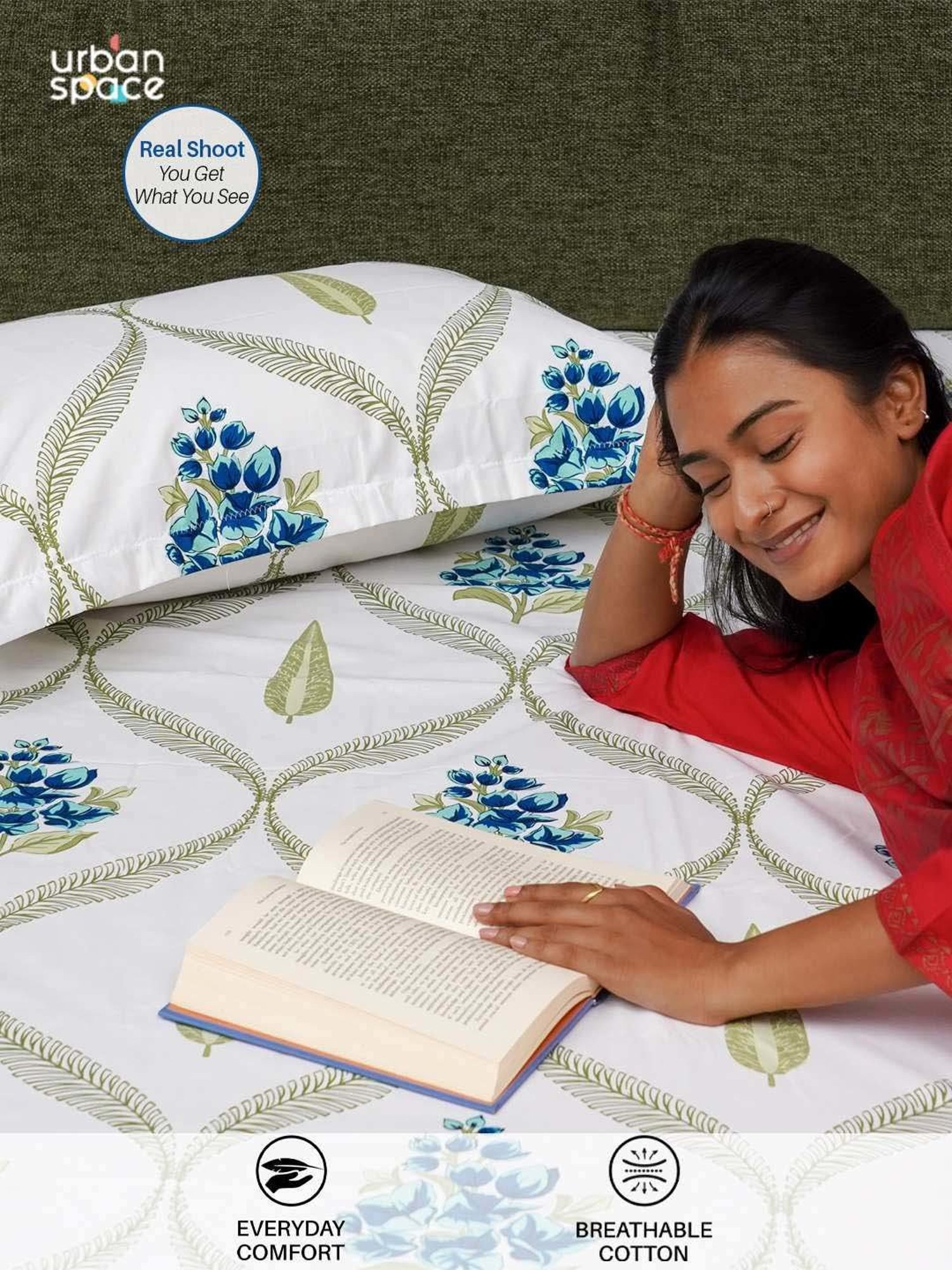 Urban Space Serene Blue Cotton 200 TC King Fitted Bedsheet With Pillow Covers