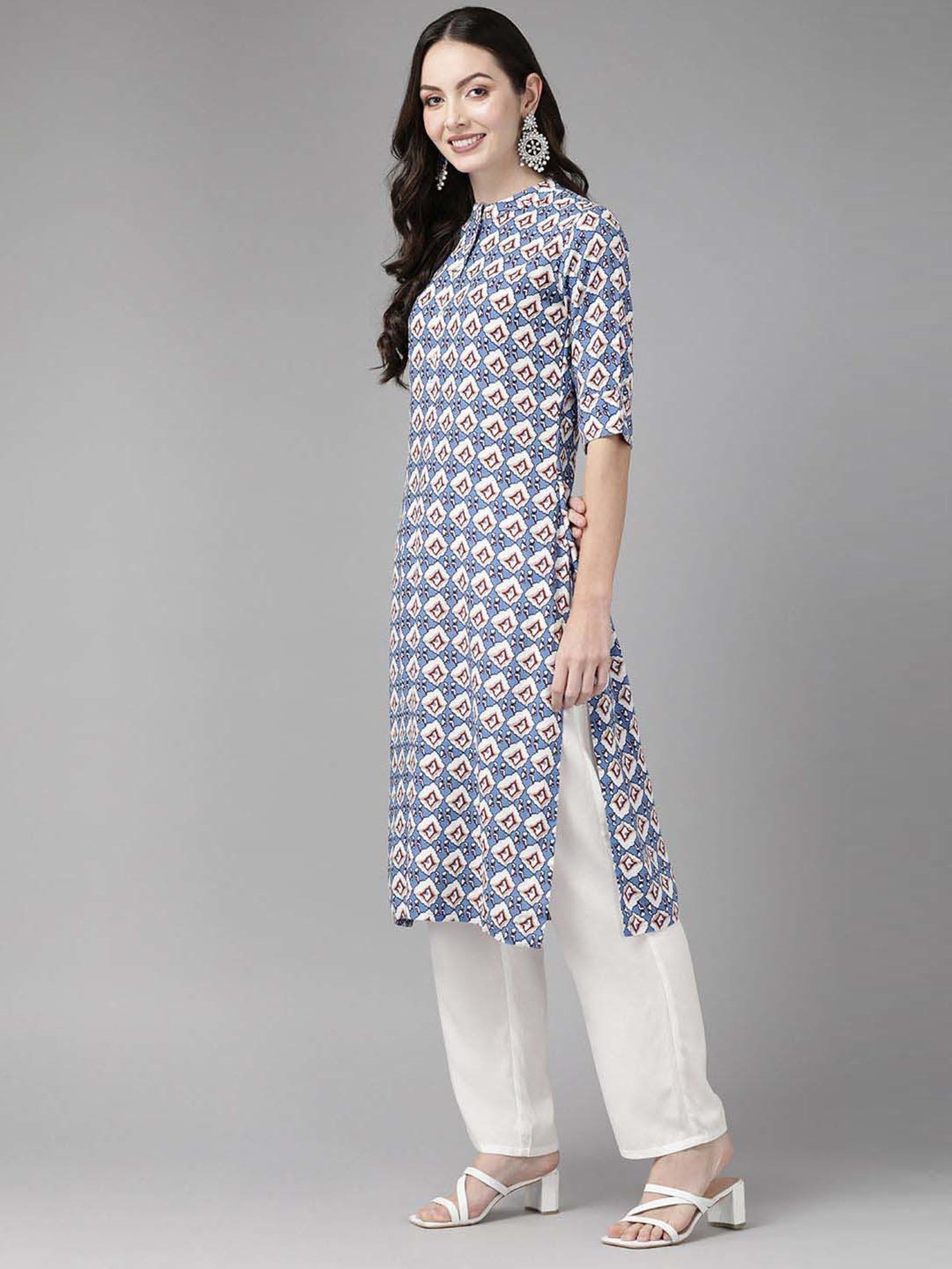 Cayman Blue Cotton Printed Straight Kurta