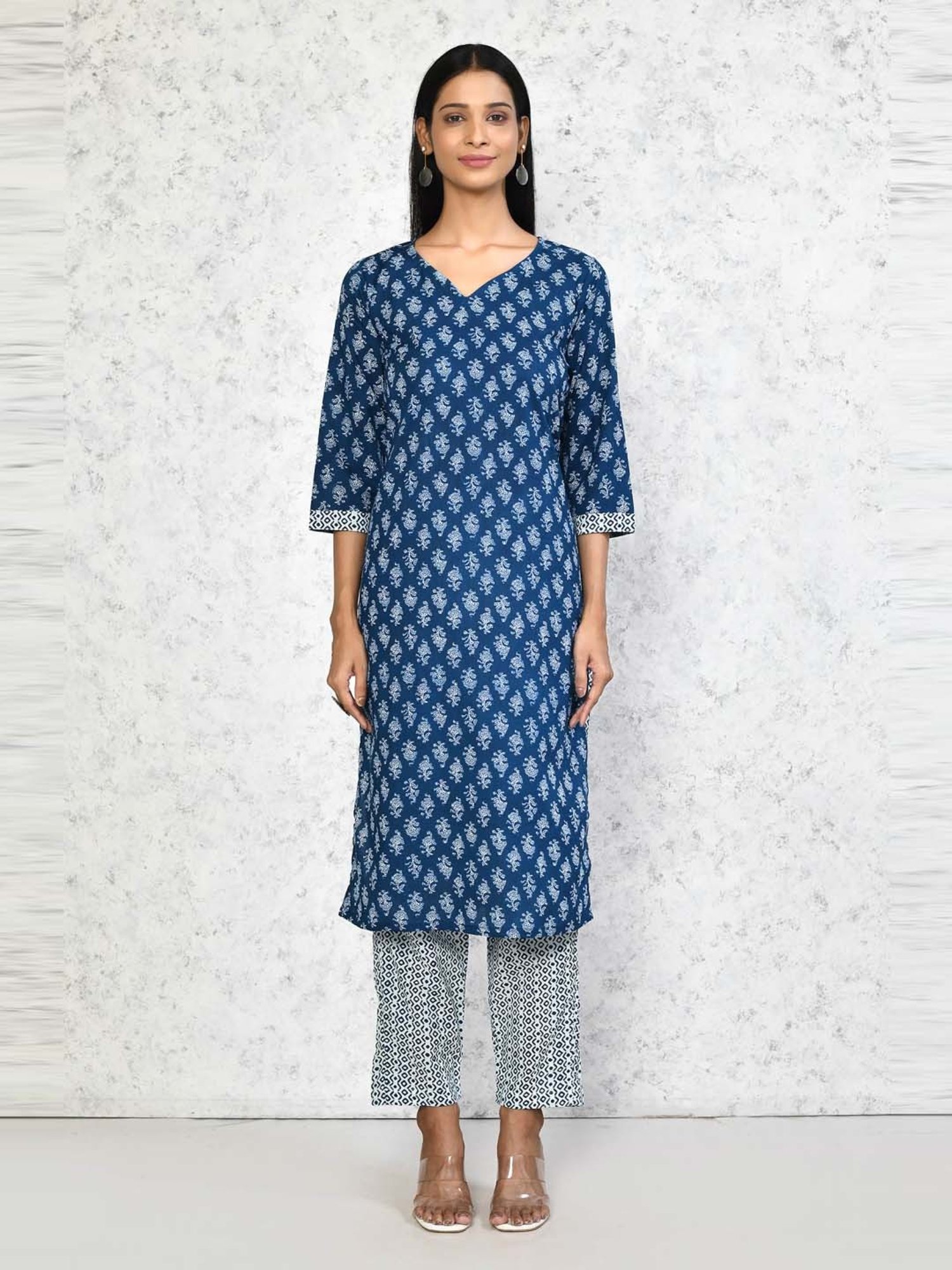Miravan Blue Cotton Printed Kurta Pant Set
