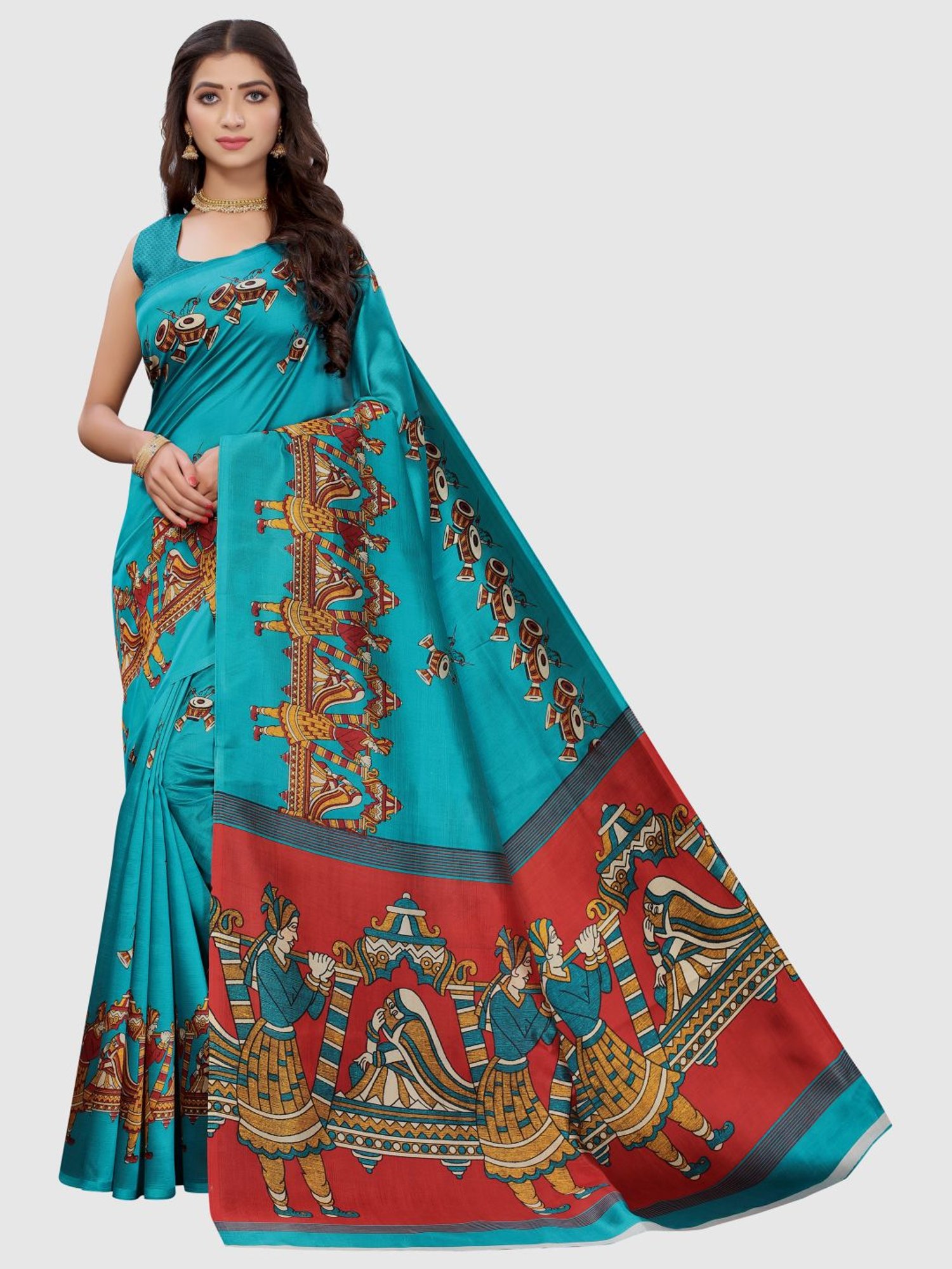 KSUT Sky Blue Printed Saree With Unstitched Blouse
