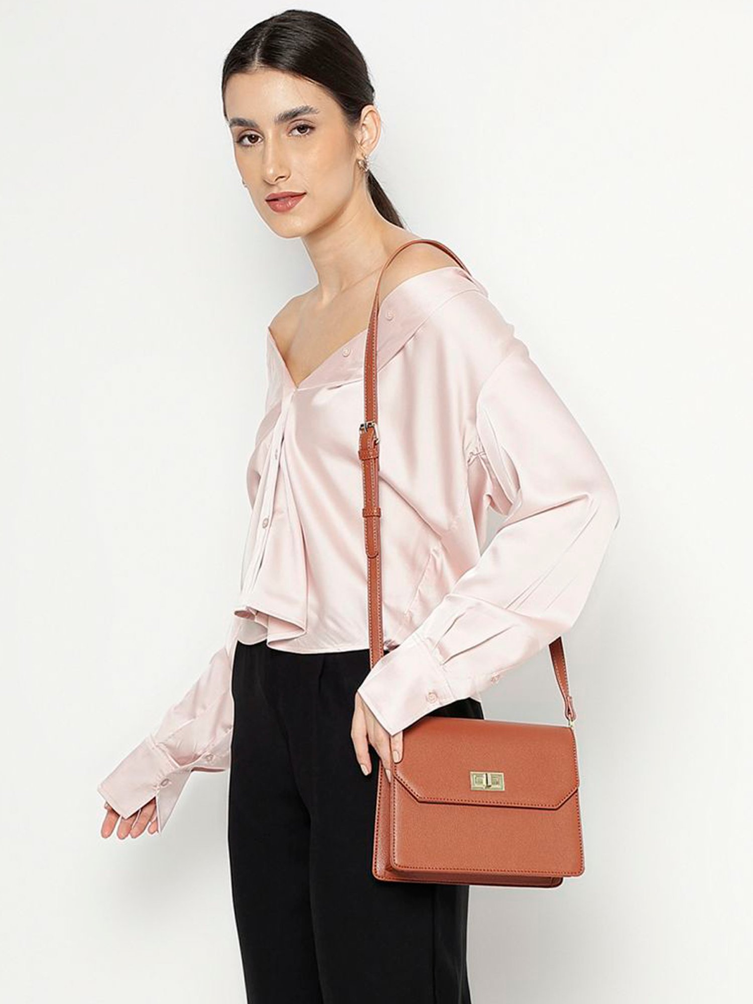 Tyra Lita Tan Solid Faux Leather Sling Handbag