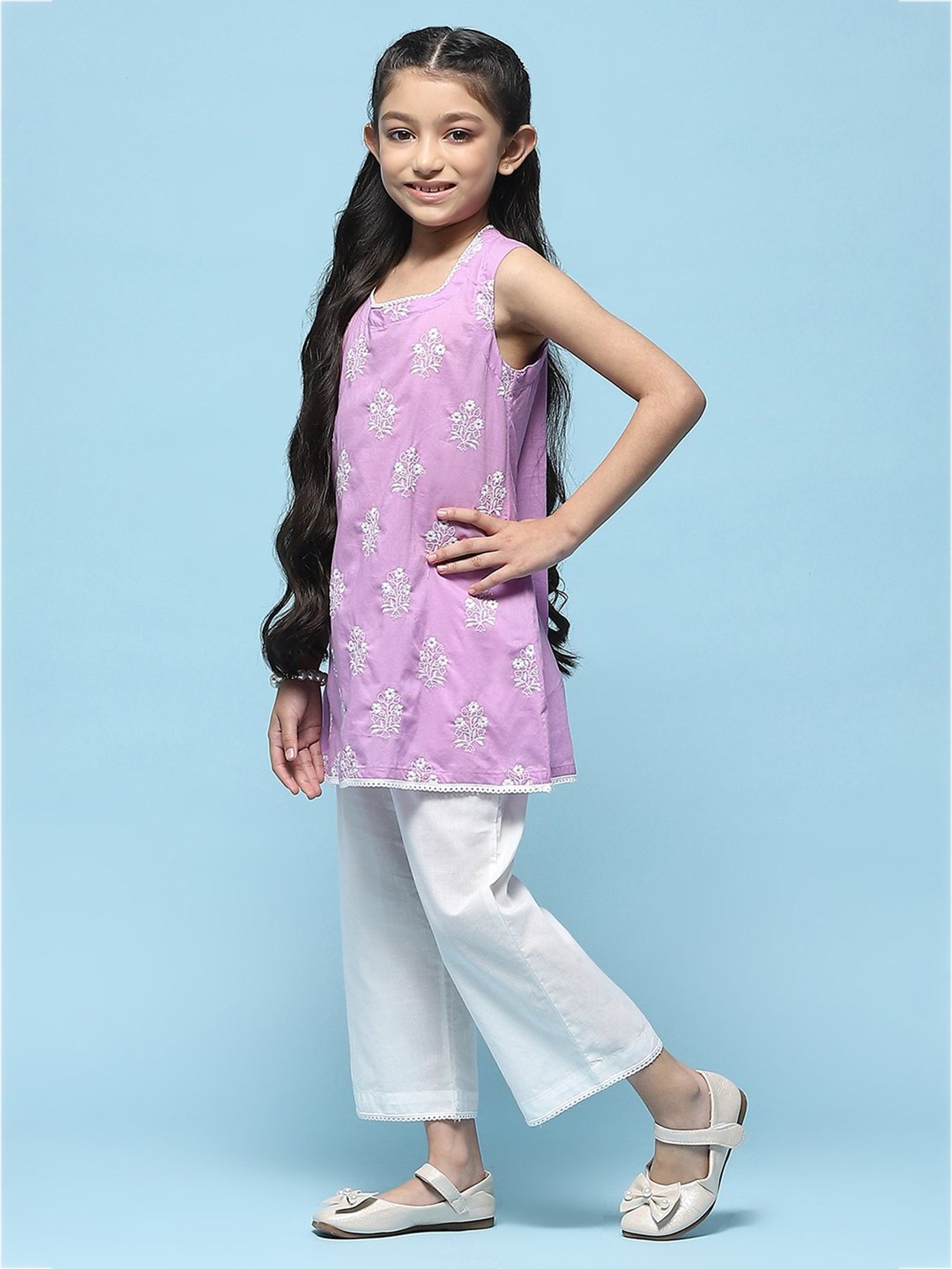 BIBA Girls Purple & White Embroidered Kurta with Plazzos