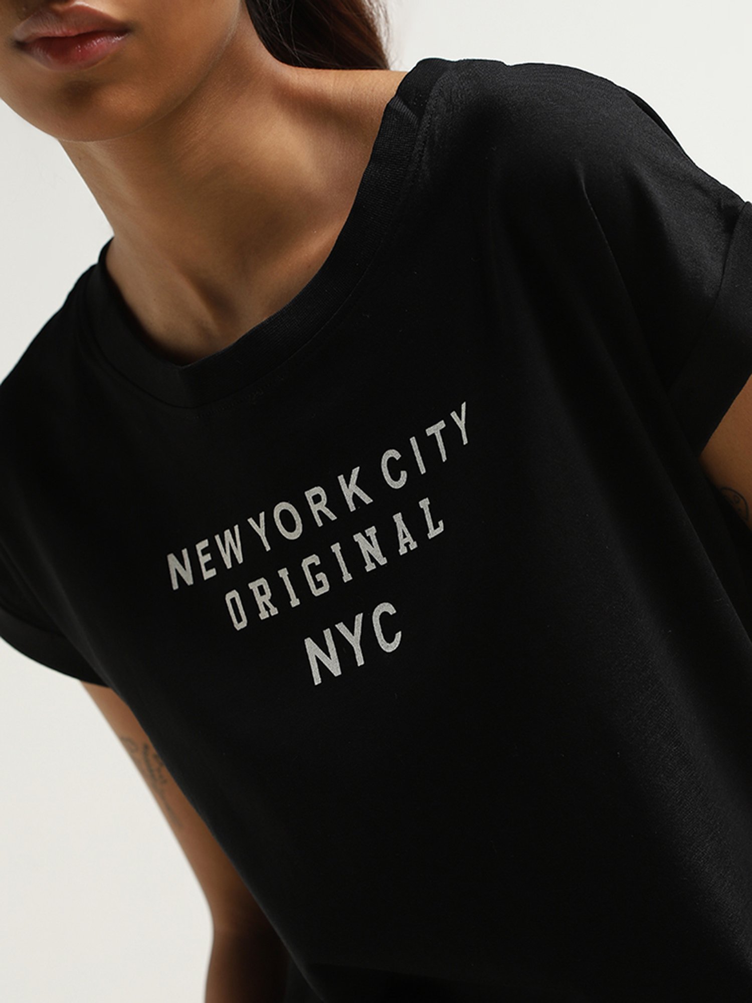 Studiofit by Westside Black Text Printed Cotton T-Shirt